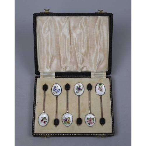 3 - Cased set of silver and enamel coffee bean spoons