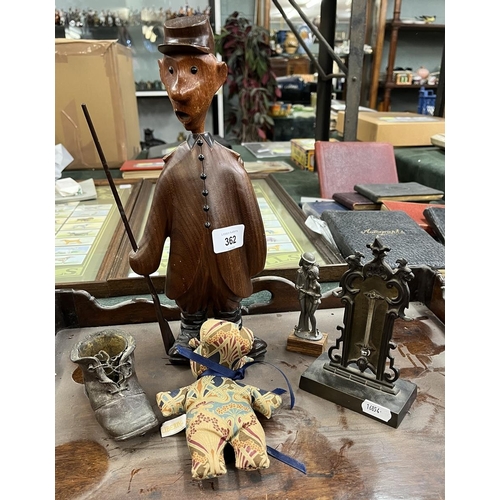 362 - Collectables to include brass desktop thermometer and treen wooden figure