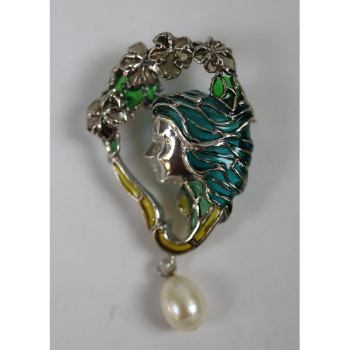 37 - Silver enamel pearl drop brooch