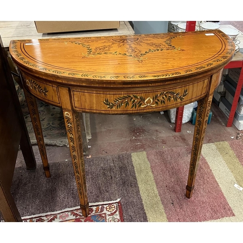 397 - Edwardian demi-lune card table with hand painted floral decoration