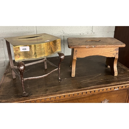 430 - Brass footman together with small wooden stool