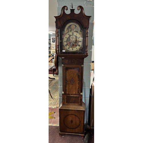 474 - Georgian oak inlaid 8 day long case clock with painted moon phase face by Edwin Boll of Redditch mis... 