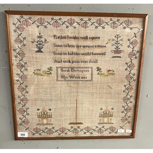 499 - Antique framed sampler - 1843 Sarah Davenport - Approx IS 44cm x 44cm