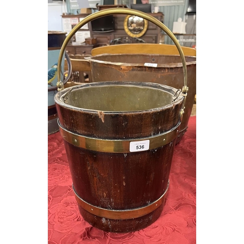 536 - Antique brass banded wooden coal bucket