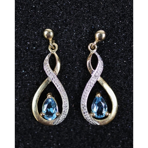 54 - 9ct gold blue topaz and diamond drop earrings