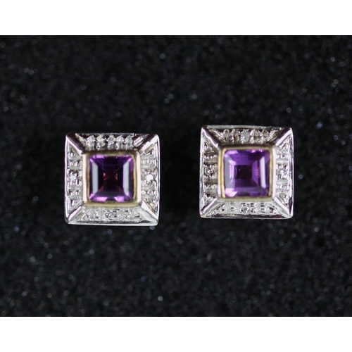 55 - 9ct gold amethyst and diamond square style earrings