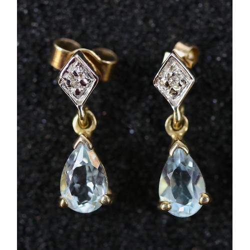 57 - 9ct gold aquamarine and diamond drop earrings