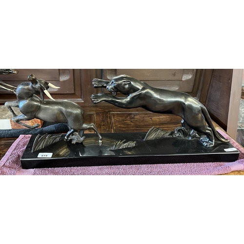 614 - Bronze of a jaguar chasing gazelle on marble base - Approx L: 64cm