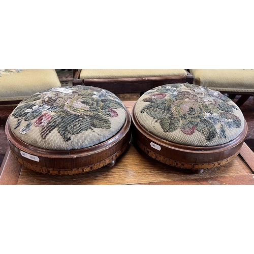 619 - Pair of tapestry topped footstools with inlay to base