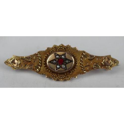 64 - 9ct gold mourning brooch set with ruby & pearl - Approx gross W: 2g