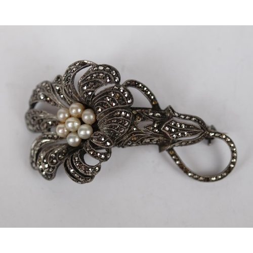 77 - Silver pearl & marcasite brooch