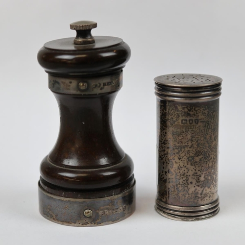 8 - Hallmarked silver condiment pot together with hallmarked silver banded pepper grinder