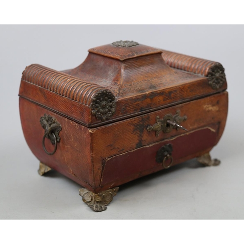 149 - Regency tooled leather bound, metal/gilt mounted work box with key and fitted interior