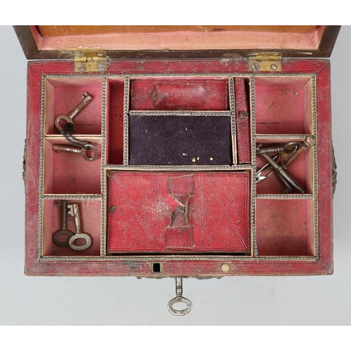 149 - Regency tooled leather bound, metal/gilt mounted work box with key and fitted interior