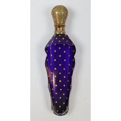 154 - Fine antique scent bottle in colbalt blue glass & silver gilt top with gilt decoration in origin... 