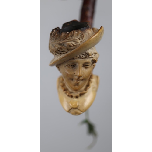 155 - Antique  'Victorian Lady's head' design carved Meerschaum pipe with wooden stem