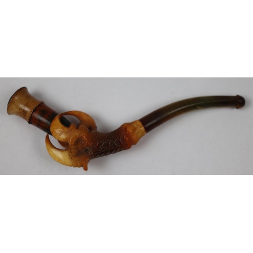 159 - Antique 'Bird's Claw' design carved Meerschaum pipe/Cheroot holder in fitted case.