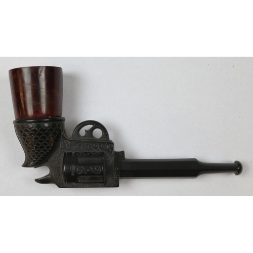 160 - Late 19thC antique 'Gutta Percha' revolver design pipe with removable briar bowl.