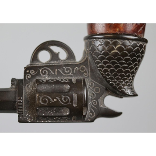 160 - Late 19thC antique 'Gutta Percha' revolver design pipe with removable briar bowl.