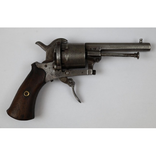 173 - Belgian proof marked 7mm Pinfire revolver, 19thC with 'CrownR' mark for rifled barrel, cleaning rod ... 