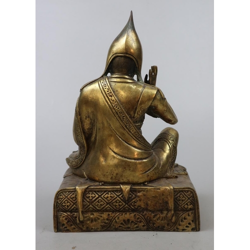 264 - Rare large antique gilt bronze lama Teacher with Tibetan/Sanskrit verse to base - Approx H: 30cm W: ... 