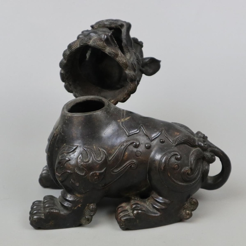 266 - Antique Chinese bronze Foo dog censer with hinged lid - Approx 17cm x 19cm