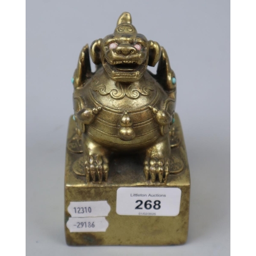 268 - Large heavy gilt bronze seal - Approx 14cm x 7.5cm