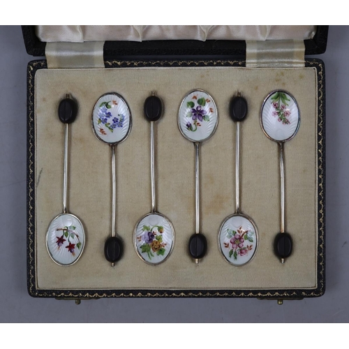 3 - Cased set of silver and enamel coffee bean spoons