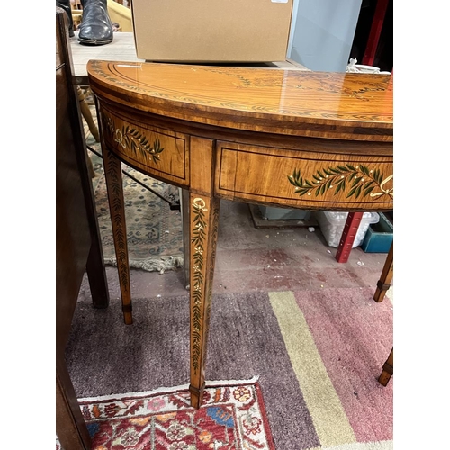 397 - Edwardian demi-lune card table with hand painted floral decoration