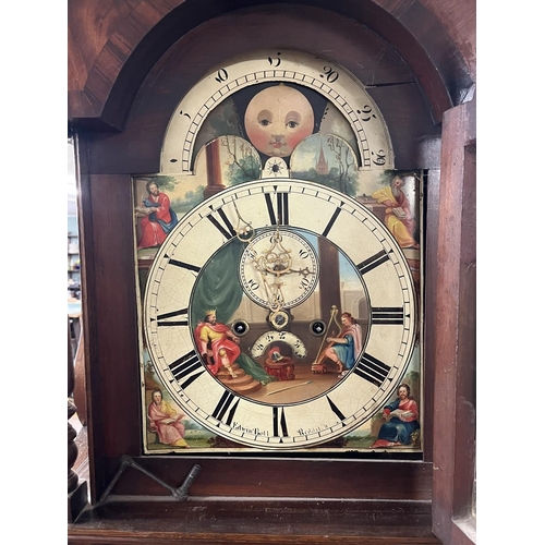 474 - Georgian oak inlaid 8 day long case clock with painted moon phase face by Edwin Boll of Redditch mis... 