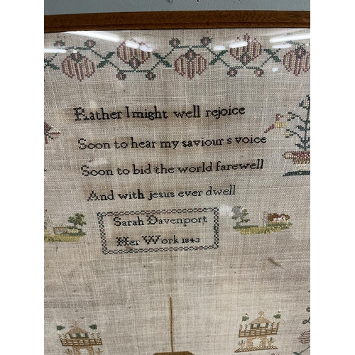 499 - Antique framed sampler - 1843 Sarah Davenport - Approx IS 44cm x 44cm