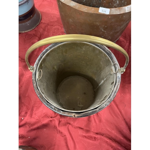 536 - Antique brass banded wooden coal bucket