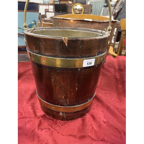 536 - Antique brass banded wooden coal bucket