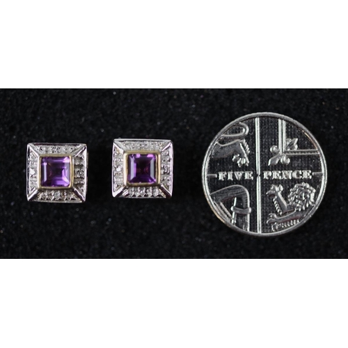 55 - 9ct gold amethyst and diamond square style earrings