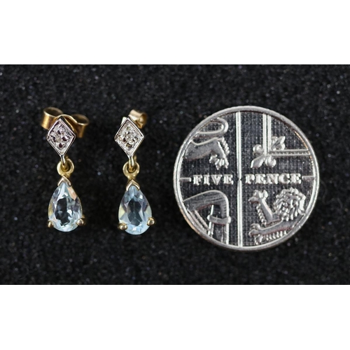 57 - 9ct gold aquamarine and diamond drop earrings