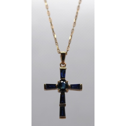 60 - 9ct gold & sapphire cross on 9ct gold chain