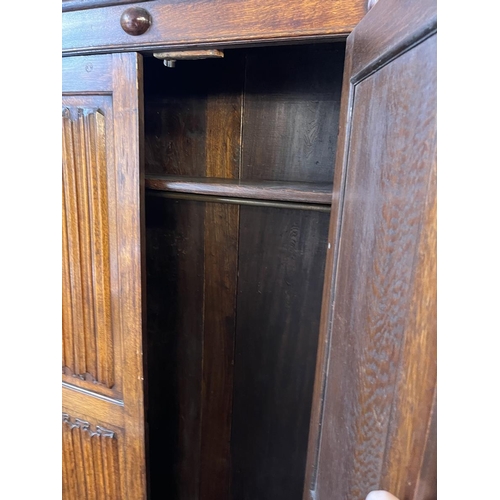 602 - Oak wardrobe with scroll work front - Approx W: 94cm D: 42cm H: 182cm