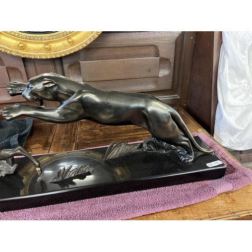 614 - Bronze of a jaguar chasing gazelle on marble base - Approx L: 64cm