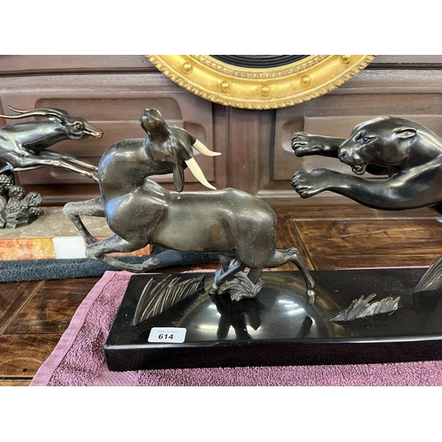 614 - Bronze of a jaguar chasing gazelle on marble base - Approx L: 64cm