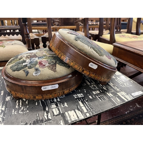 619 - Pair of tapestry topped footstools with inlay to base