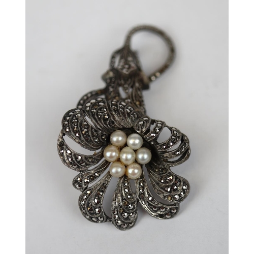 77 - Silver pearl & marcasite brooch