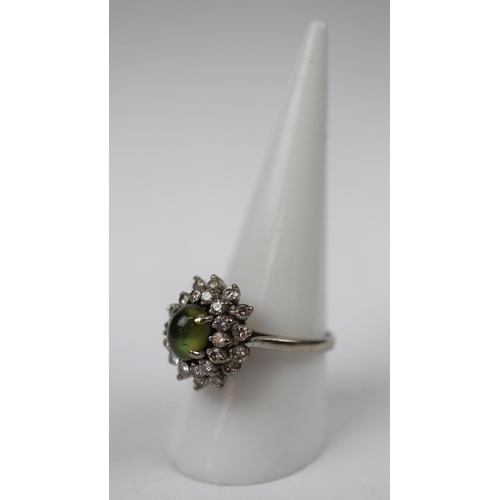 91 - 14ct white gold Chrysoberyl (cats eye) and diamond set ring - 2 stones missing