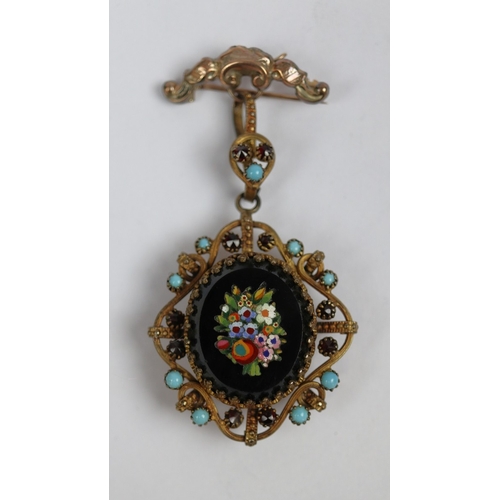 67 - Pietra dura pendent brooch set with black onyx and turquoise