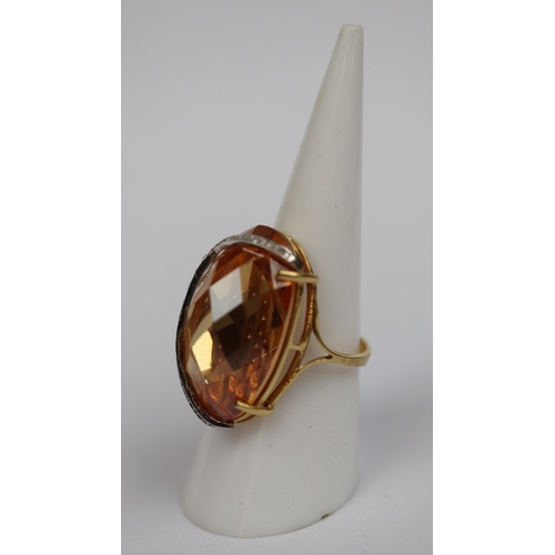 44 - 18ct gold large faceted citrine & diamond mounted ring, Size M, weight 13g