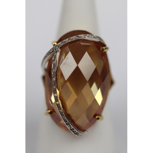 44 - 18ct gold large faceted citrine & diamond mounted ring, Size M, weight 13g