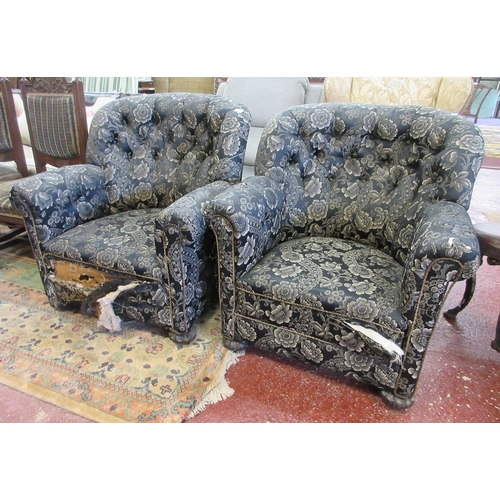 604 - Pair of antique button back armchairs with original silk upholstery