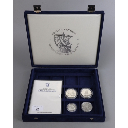 95 - Ships and Explorers Commemorative Coin Collection case with 4 Stirling silver coins