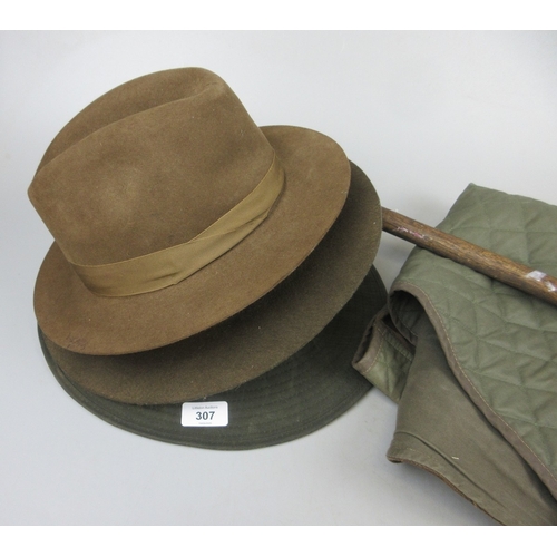 307 - Country hats Fairfax & Christie's of London, shooting stick & gilet