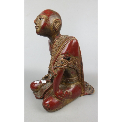 314 - Late 19th C. Burmese carved teak Buddha, as 'Sariputta' with ornate 'thayo' work - Approx height: 41... 