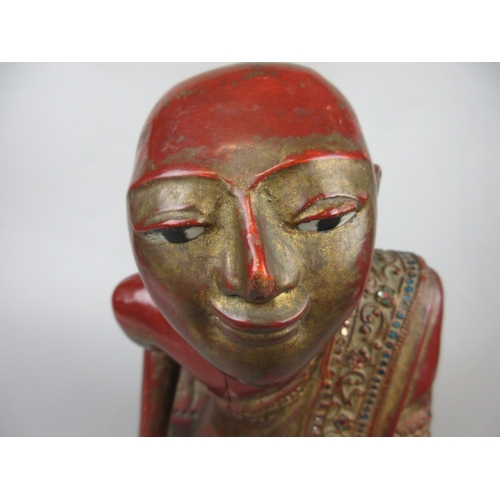 314 - Late 19th C. Burmese carved teak Buddha, as 'Sariputta' with ornate 'thayo' work - Approx height: 41... 